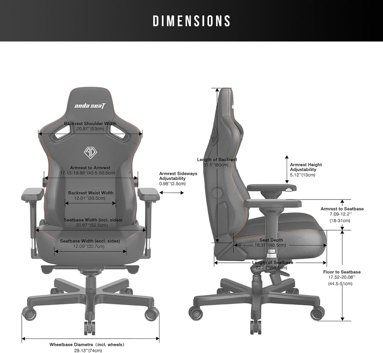 Een gamingstoel met afmetingen. Afmetingen omvatten rugleuning, zitting, armleuningen en wielbasis.