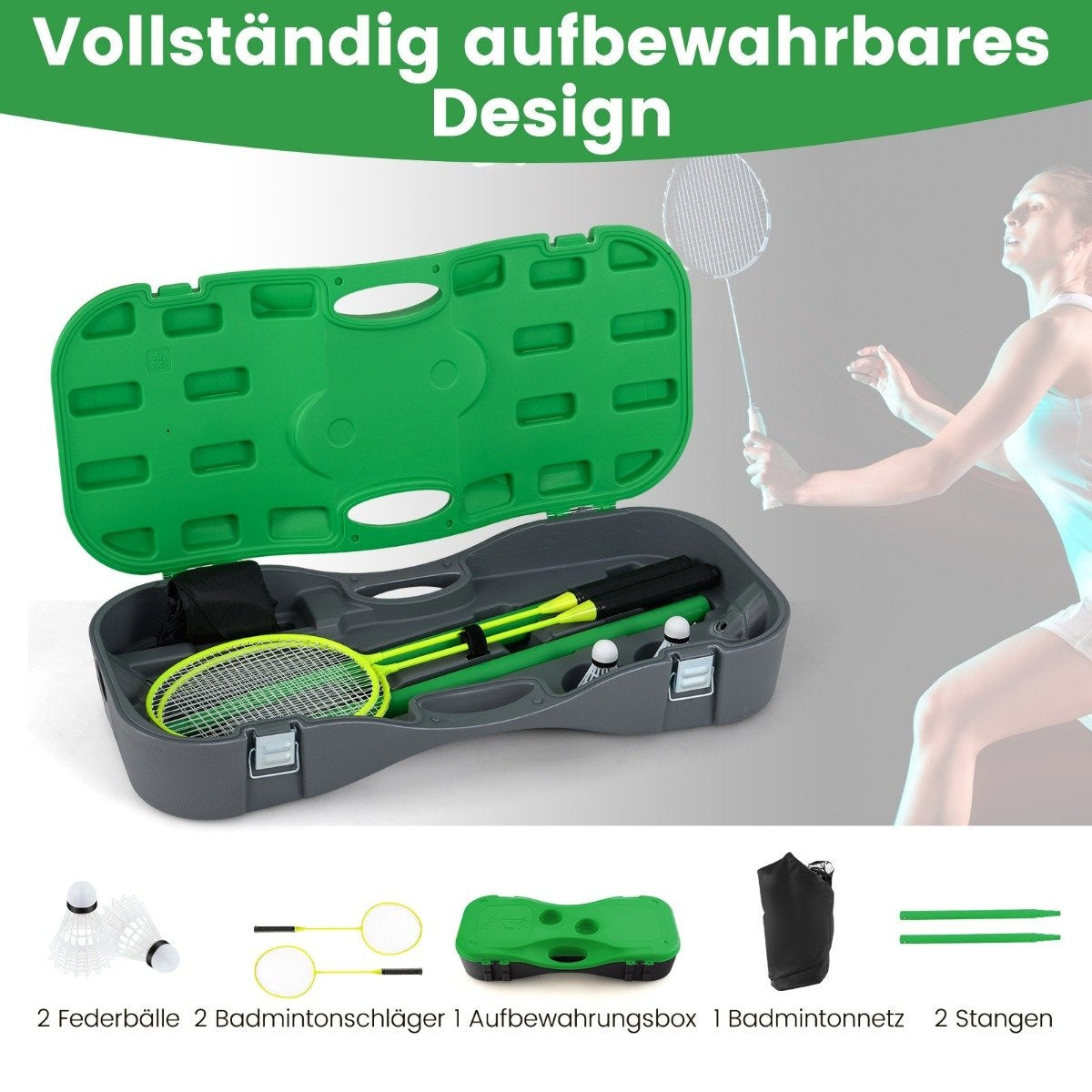 Juego de bádminton en un estuche. Incluye raquetas, volantes, red y postes. Una mujer juega al bádminton al fondo.