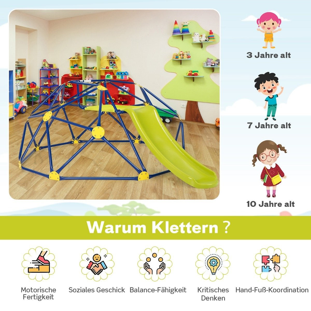 Un parque infantil con una cúpula de escalada azul, un tobogán verde e ilustraciones que indican rangos de edad y beneficios de escalar.