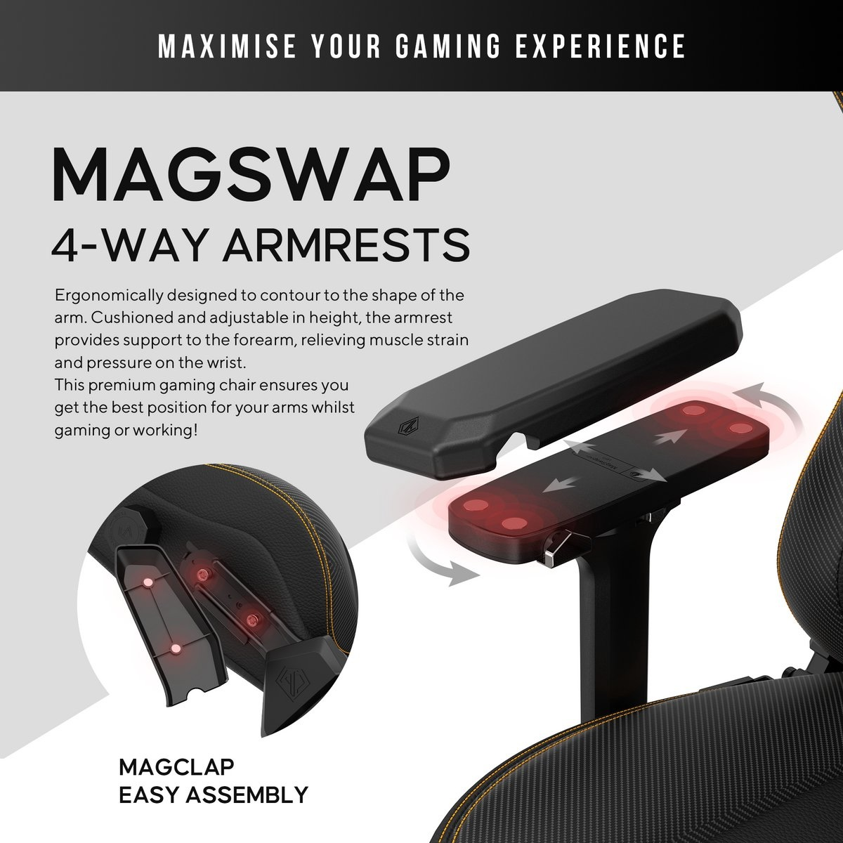 Gaming stoel armleuningen. Zwart en grijs design met gele stiksels. Kenmerken: Magswap, 4-weg armleuningen en Magclap voor eenvoudige montage.