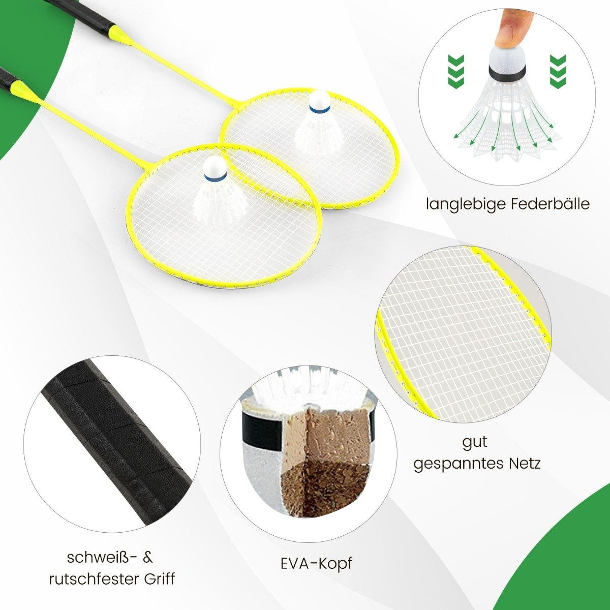 Dos raquetas de bádminton amarillas con redes blancas y volantes. Detalles: mango, cabeza de EVA, red y partes del volante.