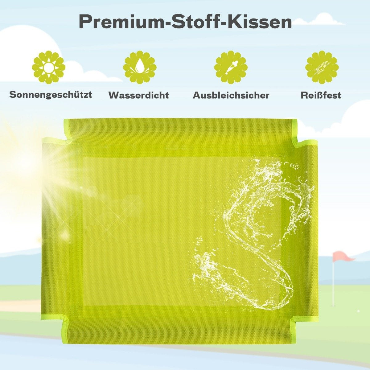 Un cojín verde con efecto de salpicaduras de agua, características del producto: protección solar, impermeable, resistente a la decoloración, resistente al desgarro.