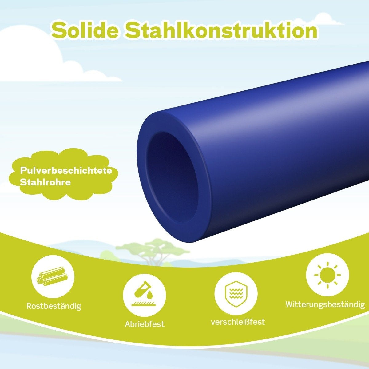Se muestra una tubería azul, con texto que promociona sus características: construcción de acero sólido, tuberías de acero con recubrimiento.