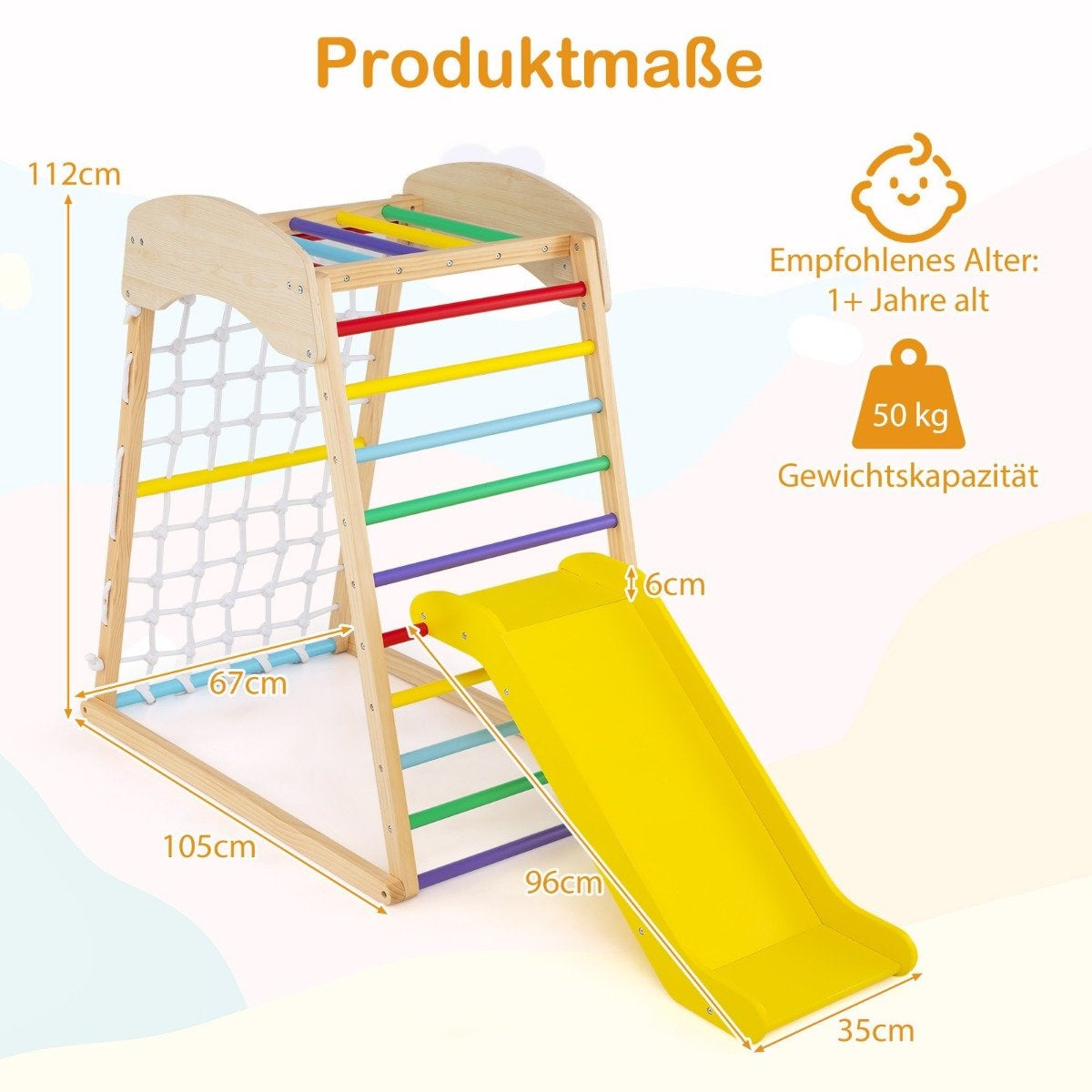 Trepador de madera con tobogán amarillo. Incluye red de escalada, barras de colores y dimensiones en cm.
