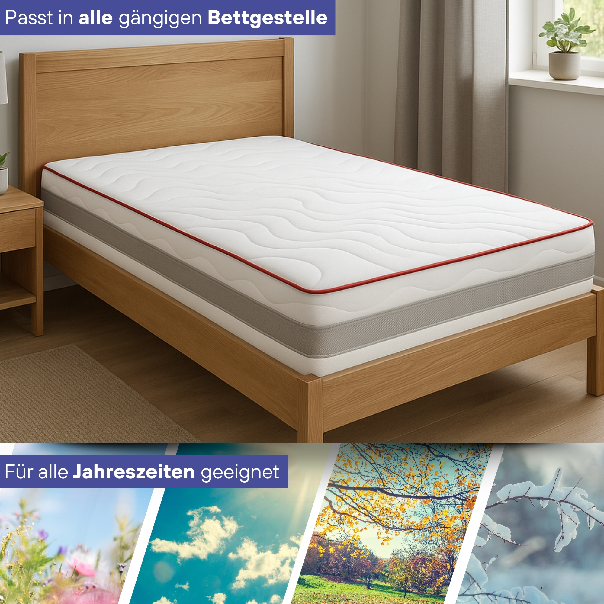 Ein Bett mit weißer Matratze mit rotem Rand, in einem Holzrahmen. Der Hintergrund hat ein Fenster und Blumenszenen.