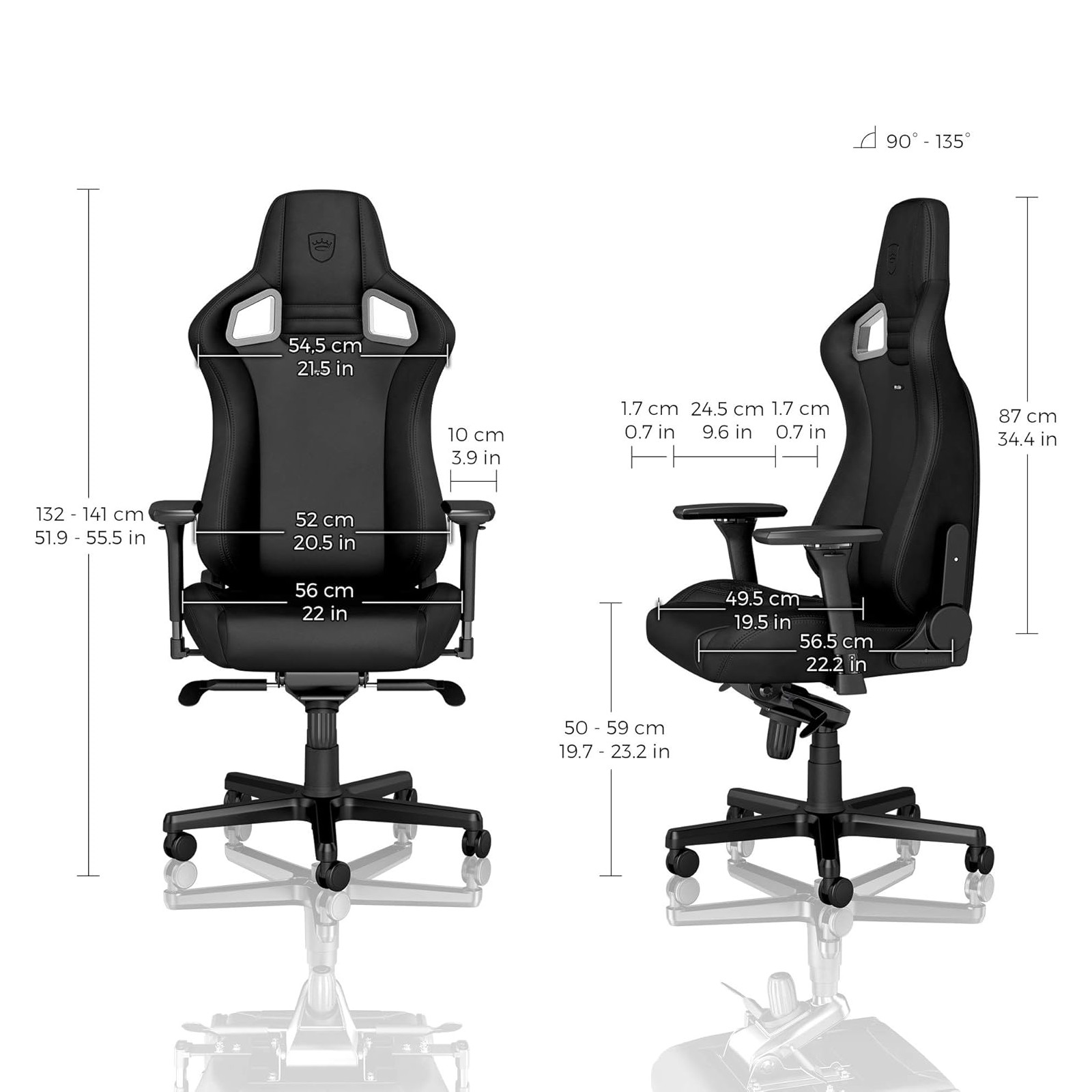 Una sedia da gaming nera con dimensioni. Ha schienale alto, braccioli e base a cinque stelle con ruote. Le dimensioni sono fornite.