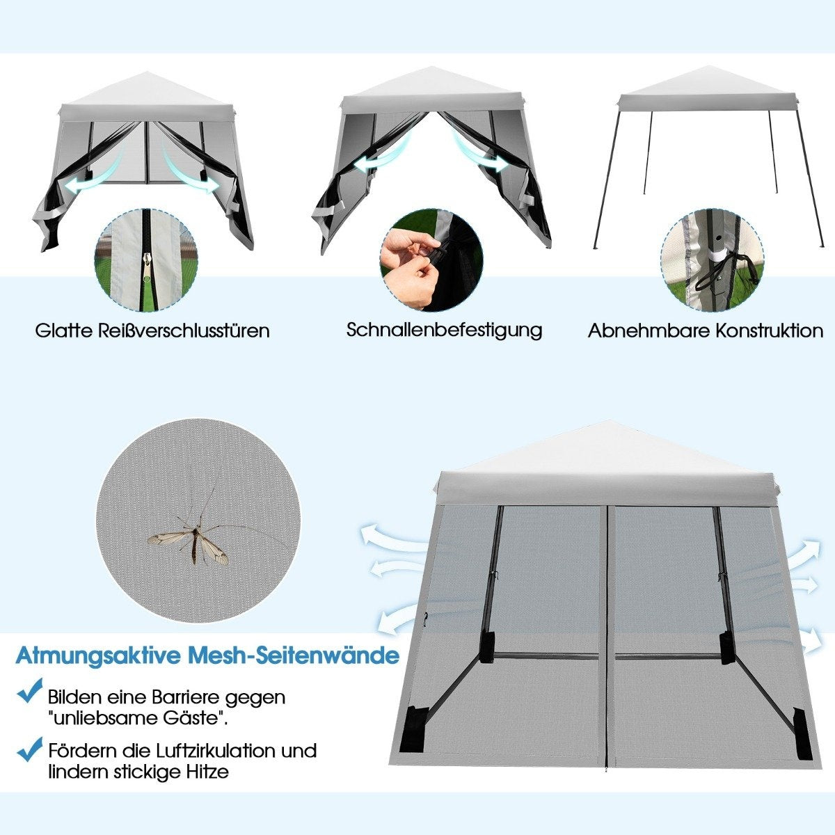 Una imagen muestra una carpa gris con paredes laterales de malla. Destaca características como puertas con cremallera suaves, cierres de hebilla y malla transpirable.