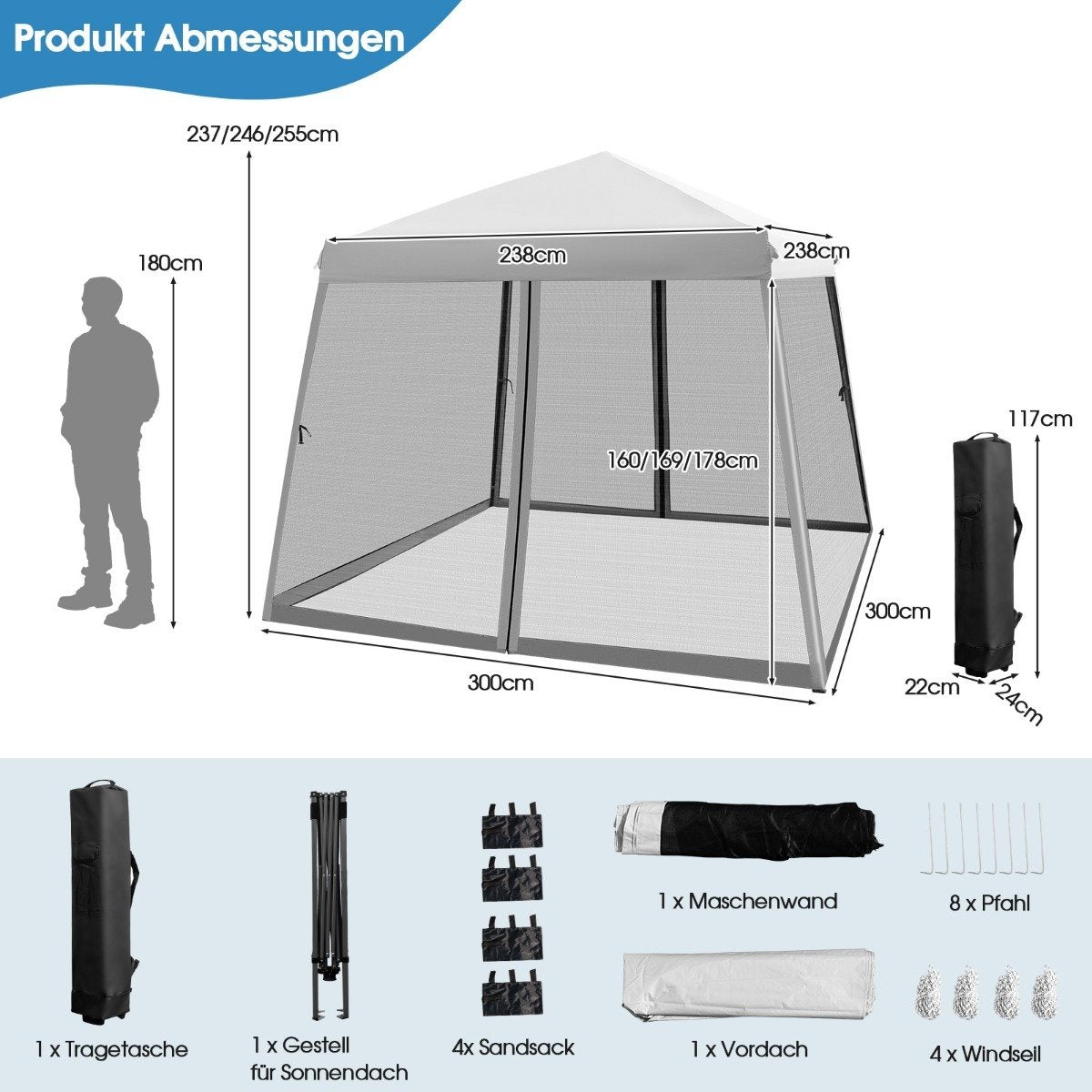 Una carpa con dimensiones, accesorios como una bolsa de transporte, sacos de arena y estacas se muestran junto a una silueta de persona.