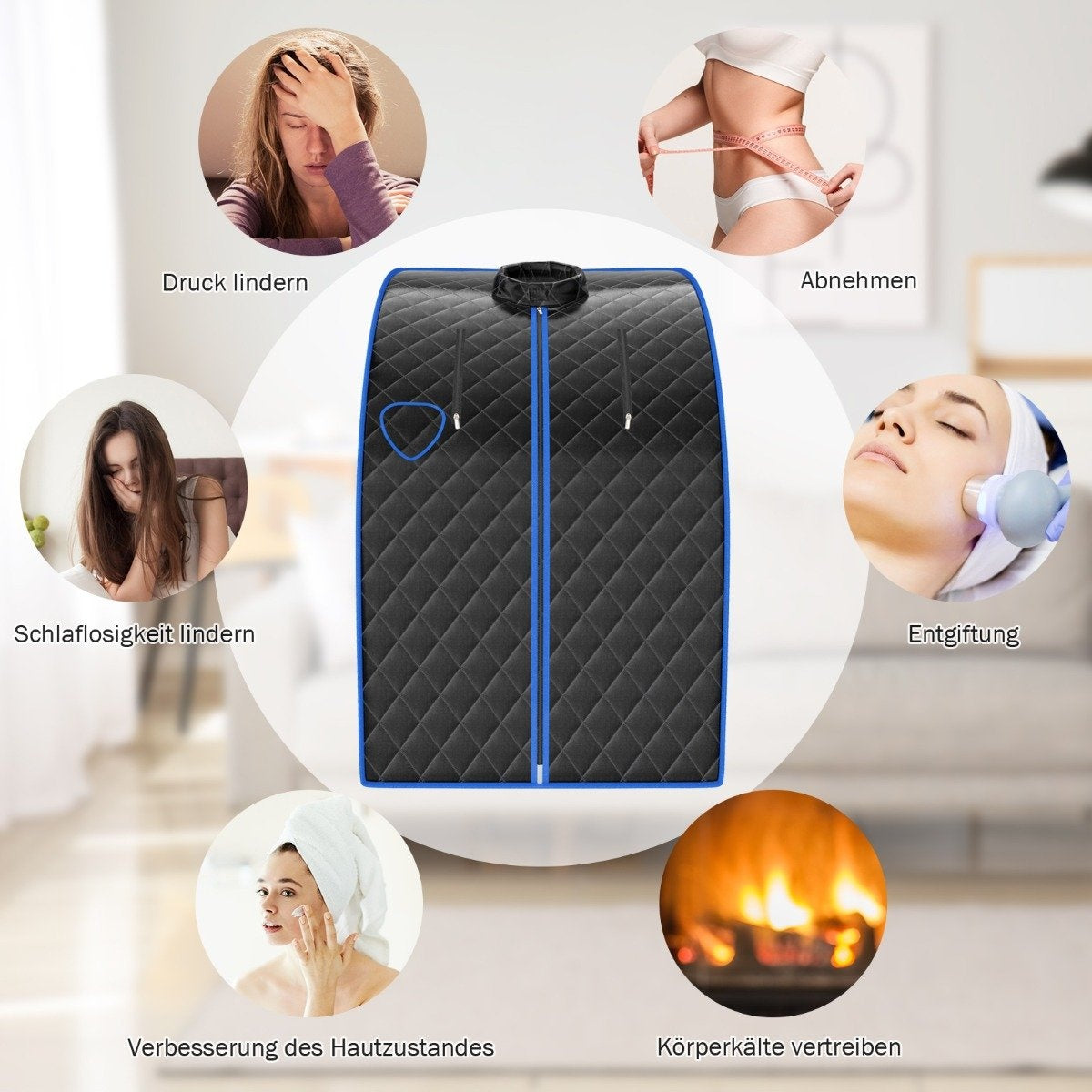 Una imagen que muestra los beneficios de una sauna: alivio del estrés, pérdida de peso, mejora de la piel, desintoxicación y calor. Una sauna está en el medio.