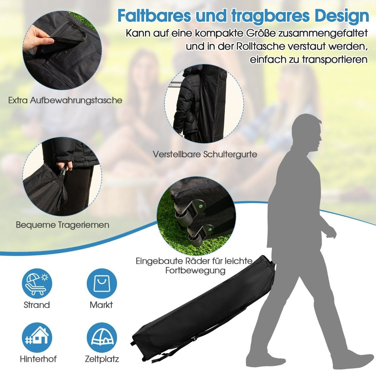 Una persona camina, llevando una bolsa negra con ruedas. La bolsa es plegable y portátil, con características adicionales.