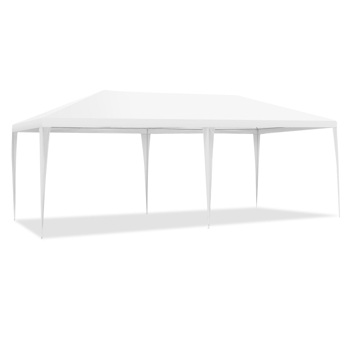 Una carpa rectangular blanca está montada sobre una superficie blanca. Tiene un techo blanco y seis patas de soporte.