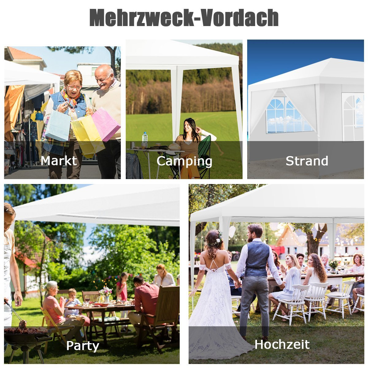 La imagen muestra un toldo blanco utilizado para diversos eventos: mercado, camping, playa, fiesta y boda. Se muestra a personas en diferentes entornos.