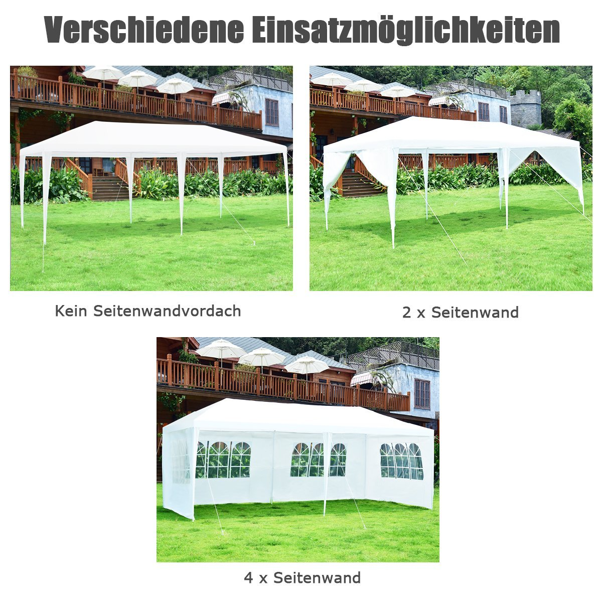 La imagen muestra tres cenadores blancos sobre hierba verde, con diferentes configuraciones de paneles laterales, bajo un texto que dice "Verschiedene Einsatzmöglichkeiten".
