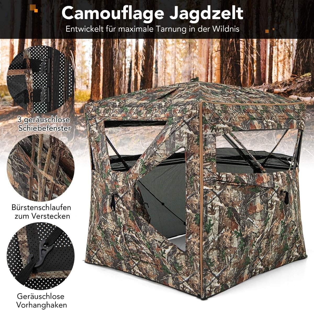 Una carpa de caza camuflada con ventanas abiertas está en un bosque. La carpa tiene patrones de camuflaje. Hay texto arriba.