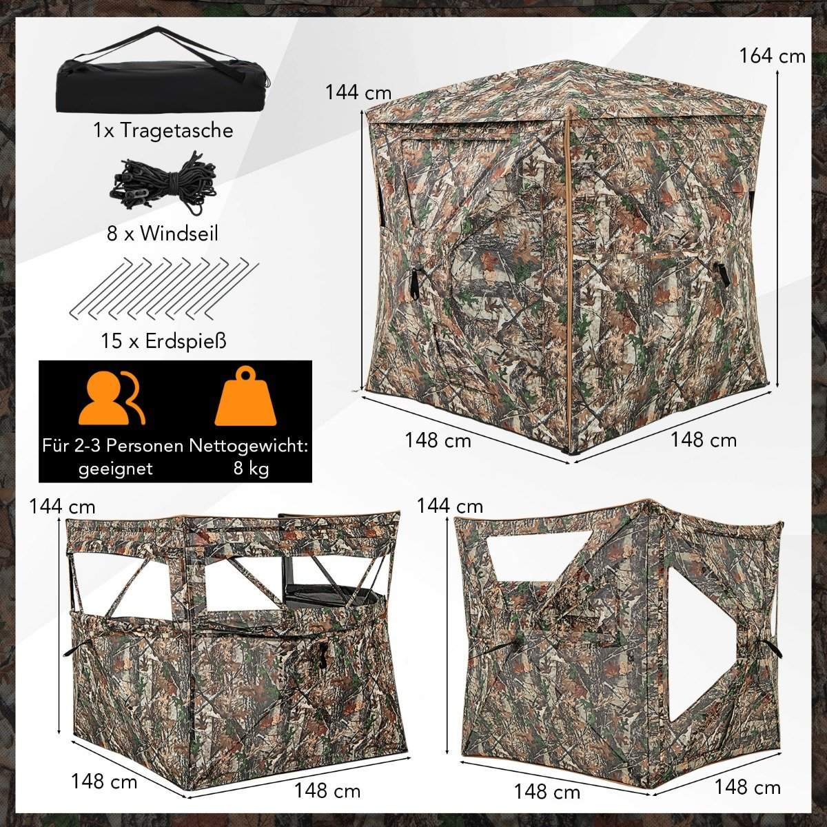 Un refugio de caza de camuflaje con accesorios: bolsa de transporte, cuerdas, estacas. Dimensiones marcadas. Apto para 2-3 personas.