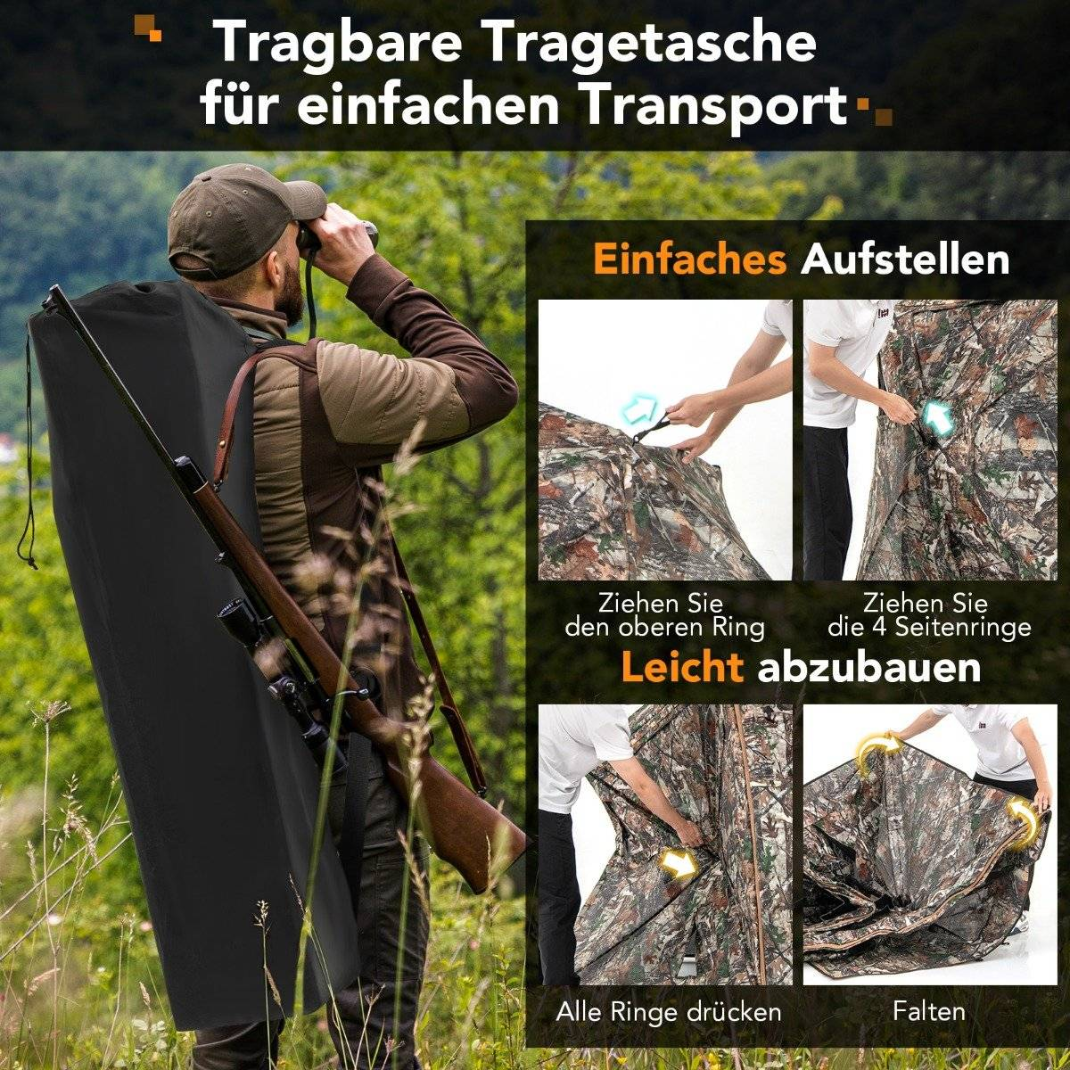Un hombre con un arma y una funda de transporte mira a través de unos prismáticos. La imagen muestra instrucciones para montar una tienda de campaña de camuflaje.