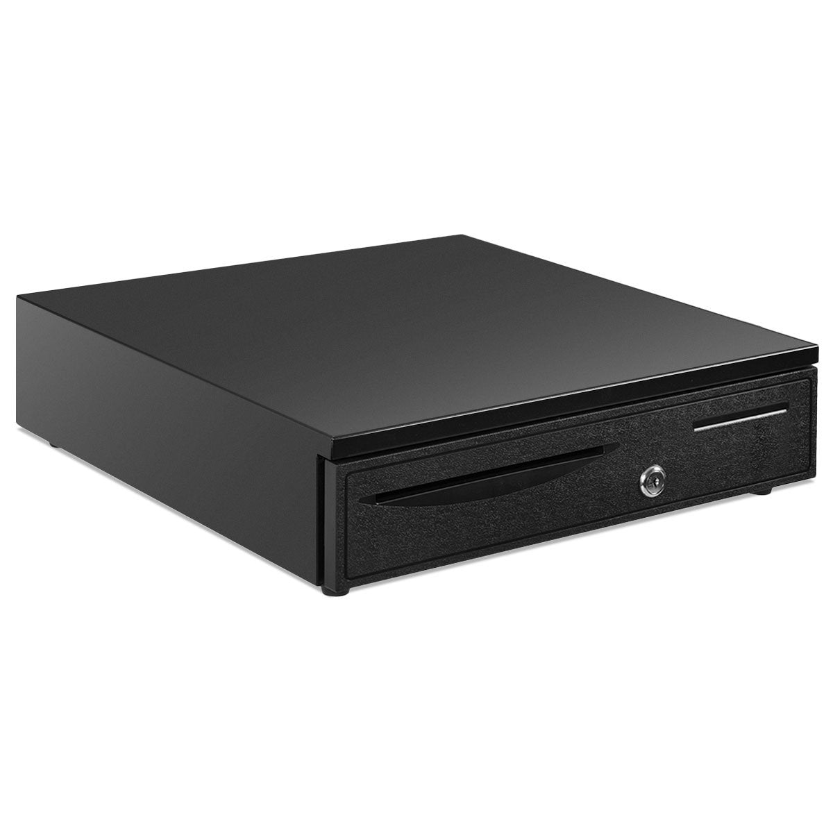 Se muestra un cajón de caja registradora negro, ligeramente abierto. Tiene un asa, cerradura y ranura. La parte superior es plana.