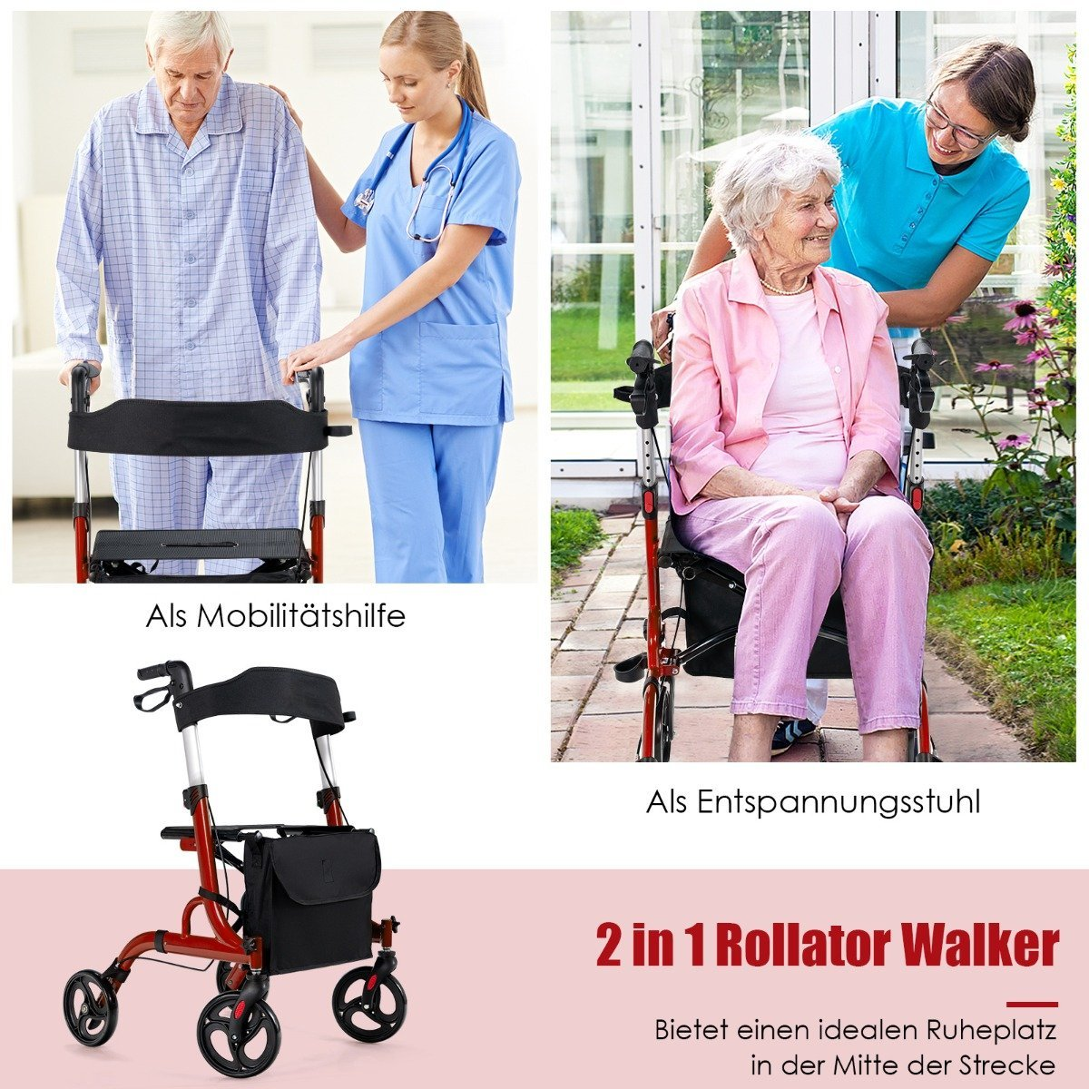La imagen muestra un andador-silla de ruedas 2 en 1. Muestra a un hombre y una mujer mayores usándolo con ayuda. El andador es rojo y negro.