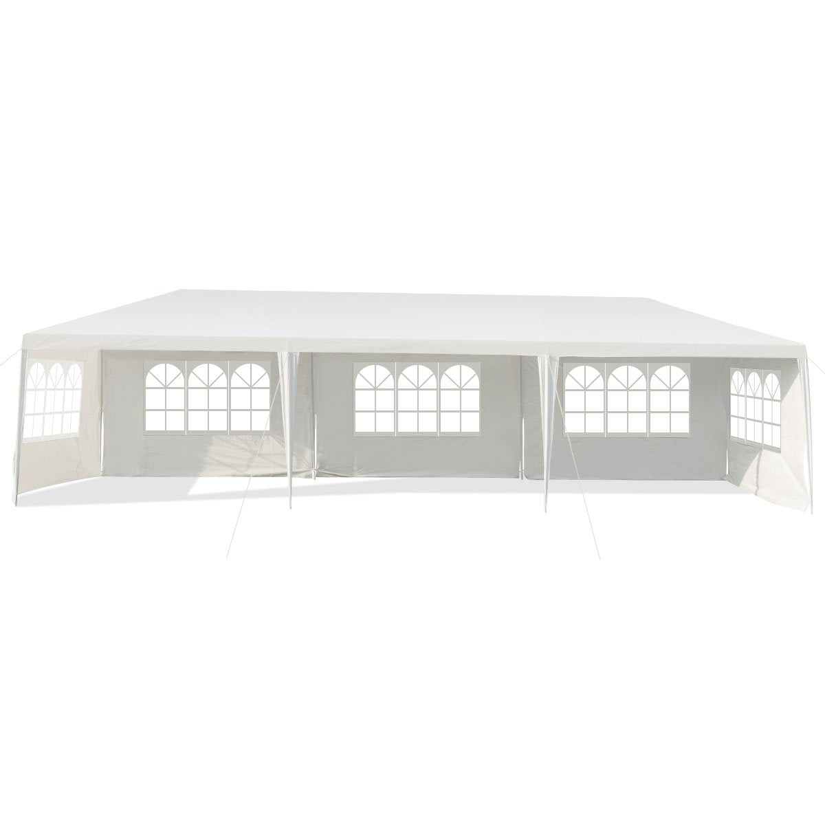 Una carpa rectangular blanca con ventanas arqueadas, vista desde el frente. La carpa tiene un techo blanco y está sobre un fondo blanco.