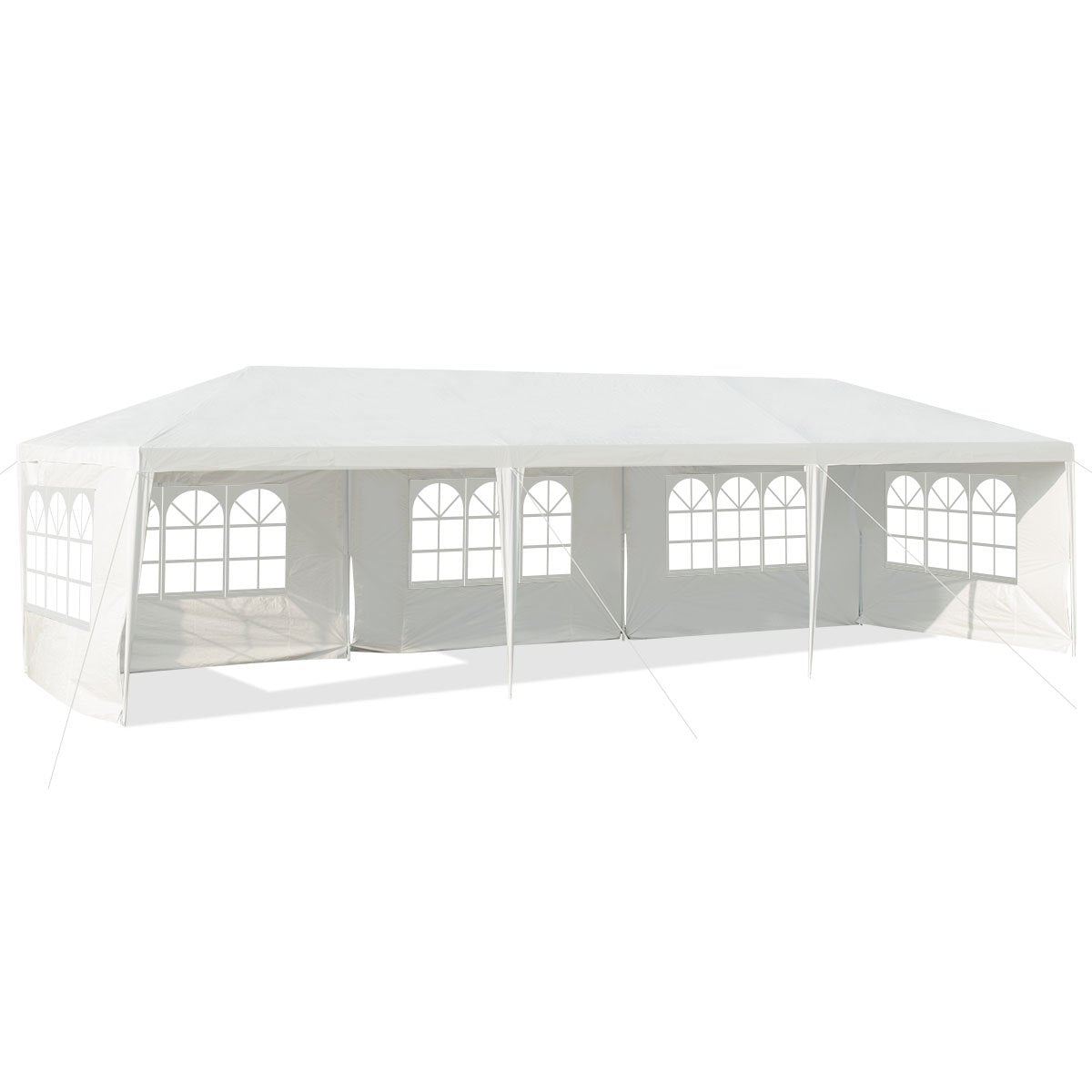 Una gran carpa blanca con múltiples ventanas arqueadas. La carpa es rectangular y tiene un diseño simple y limpio, adecuada para eventos.