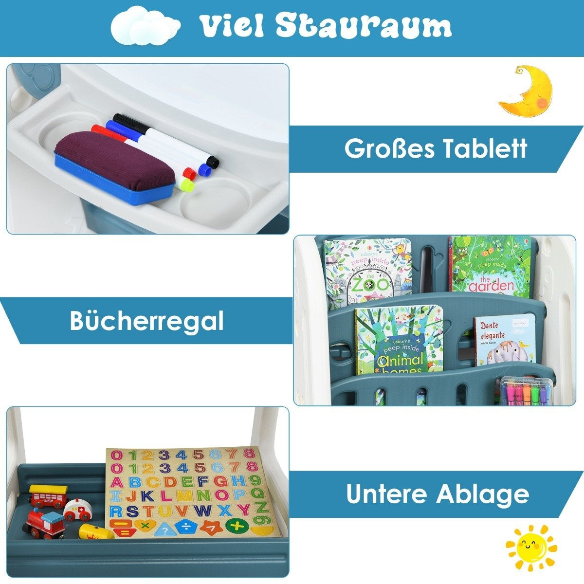 Una mesa de estudio para niños con libros, juguetes y materiales de escritura. Cuenta con almacenamiento, un escritorio, una estantería y un estante inferior.