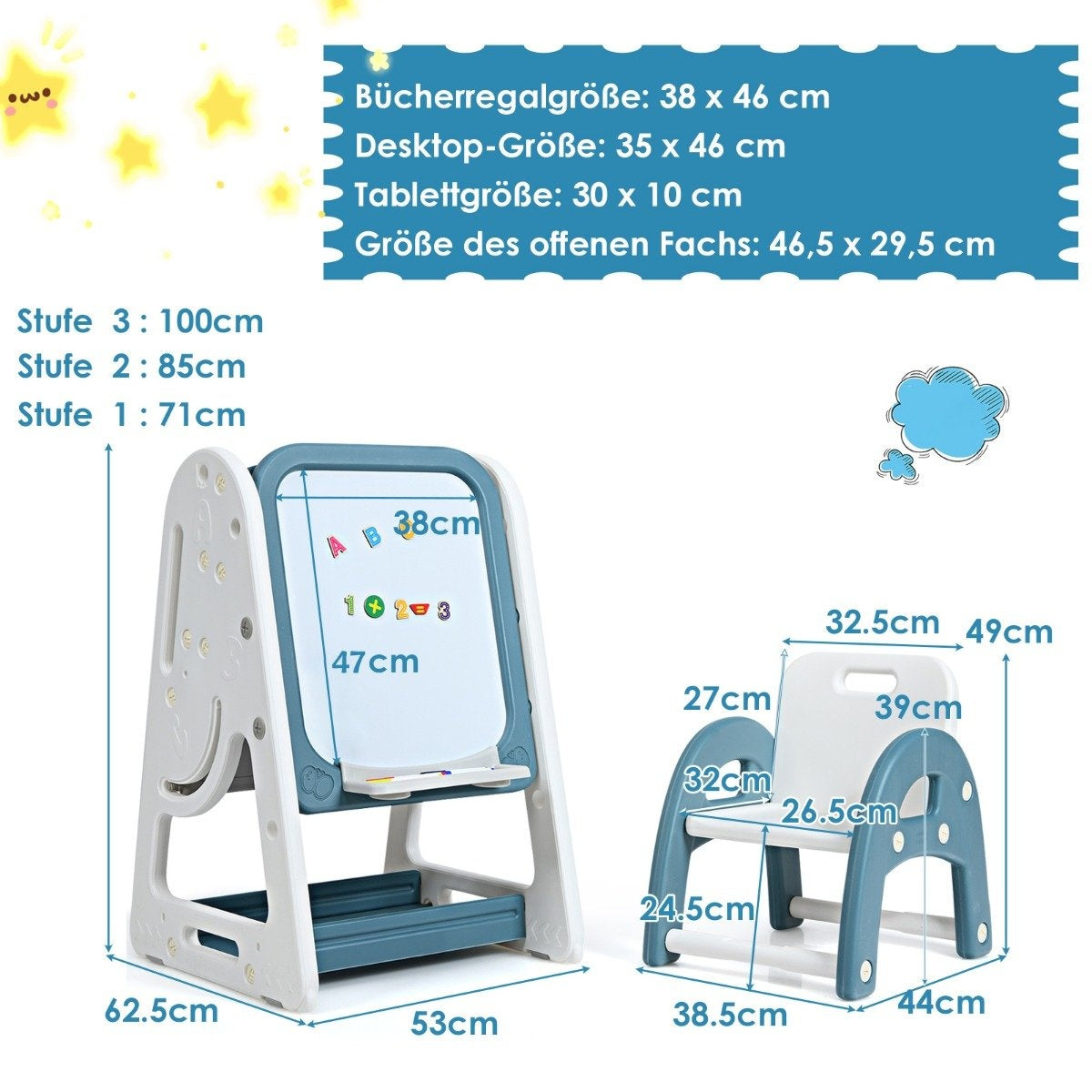 Un caballete y silla para niños en blanco y azul con dimensiones etiquetadas. Texto en varios idiomas. Las dimensiones están presentes.