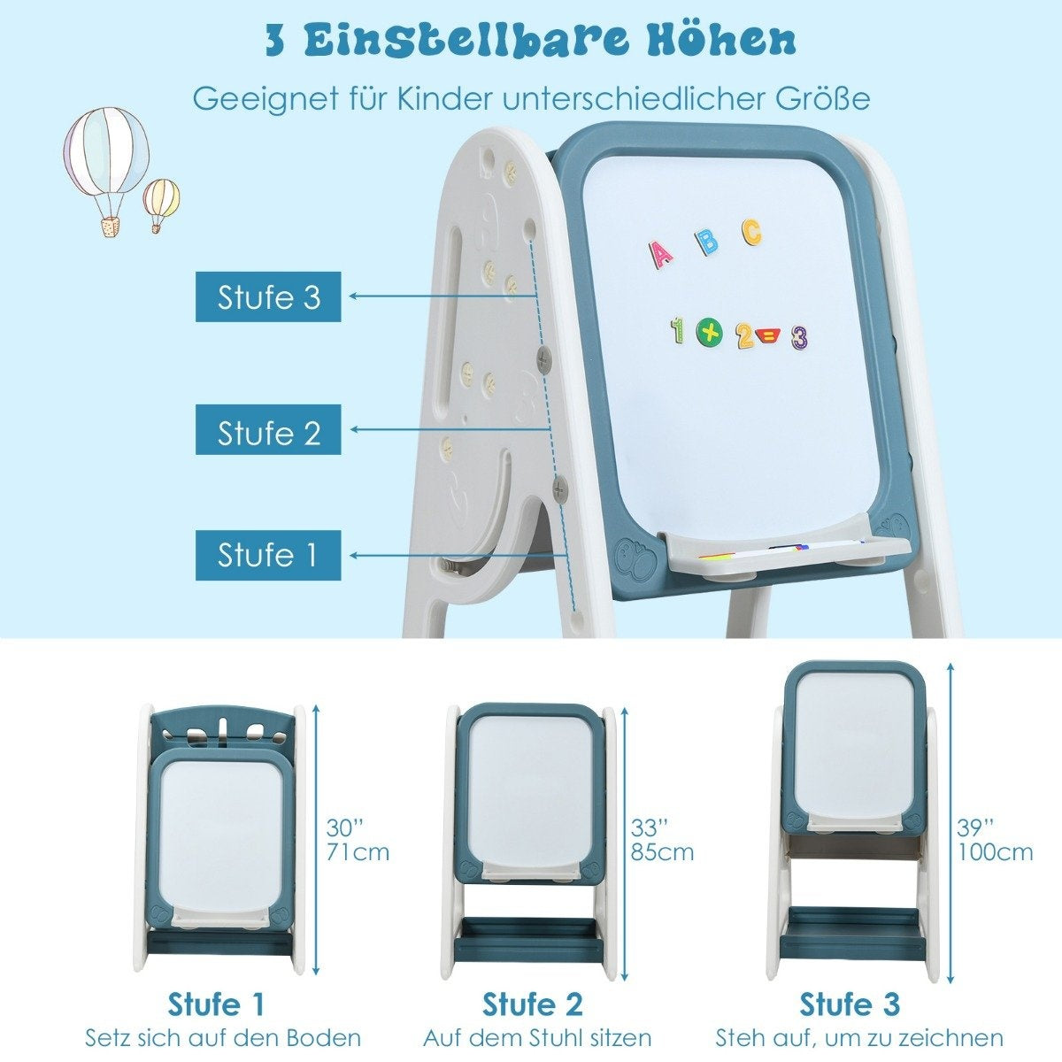Caballito ajustable para niños. Pizarra con ABC y números. Tres ajustes de altura con dimensiones y notas de uso. Incluye opción plegable.