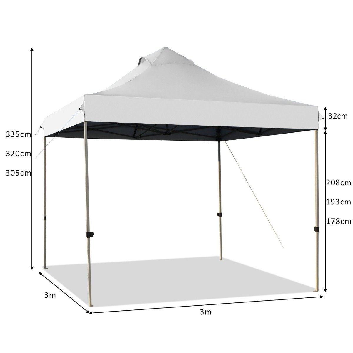 Una carpa emergente blanca con marco oscuro. Las dimensiones están marcadas: 3m x 3m, también se incluyen medidas de altura.