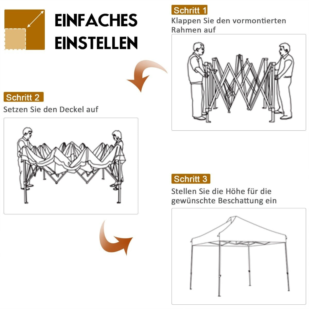 Instrucciones para montar una carpa con diagramas. Paso 1: desplegar el marco. Paso 2: poner la cubierta. Paso 3: ajustar la altura.