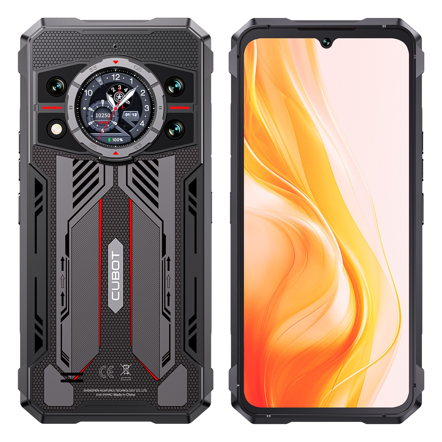 Czarny, wytrzymały smartfon z cyfrowym wyświetlaczem zegara. Ekran pokazuje abstrakcyjny żółto-pomarańczowy wzór. Telefon ma logo CUBOT.