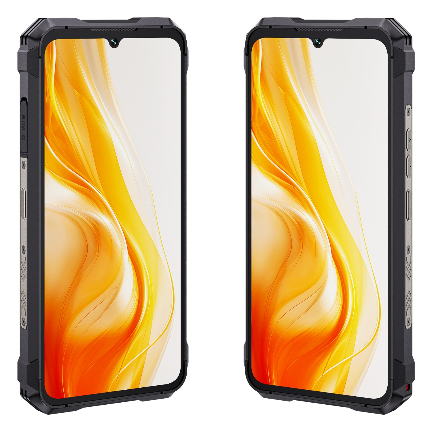 Dwa wytrzymałe czarne smartfony z dużymi ekranami i pomarańczowymi abstrakcyjnymi tłami.