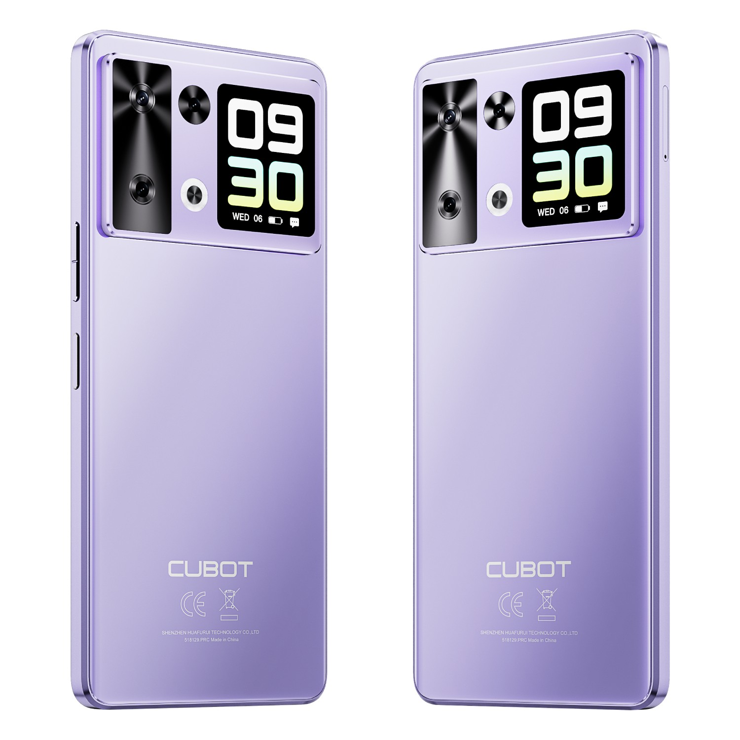 Dwa lawendowe smartfony Cubot. Każdy pokazuje aparat i ekran z godziną 9:30 i datą środy.