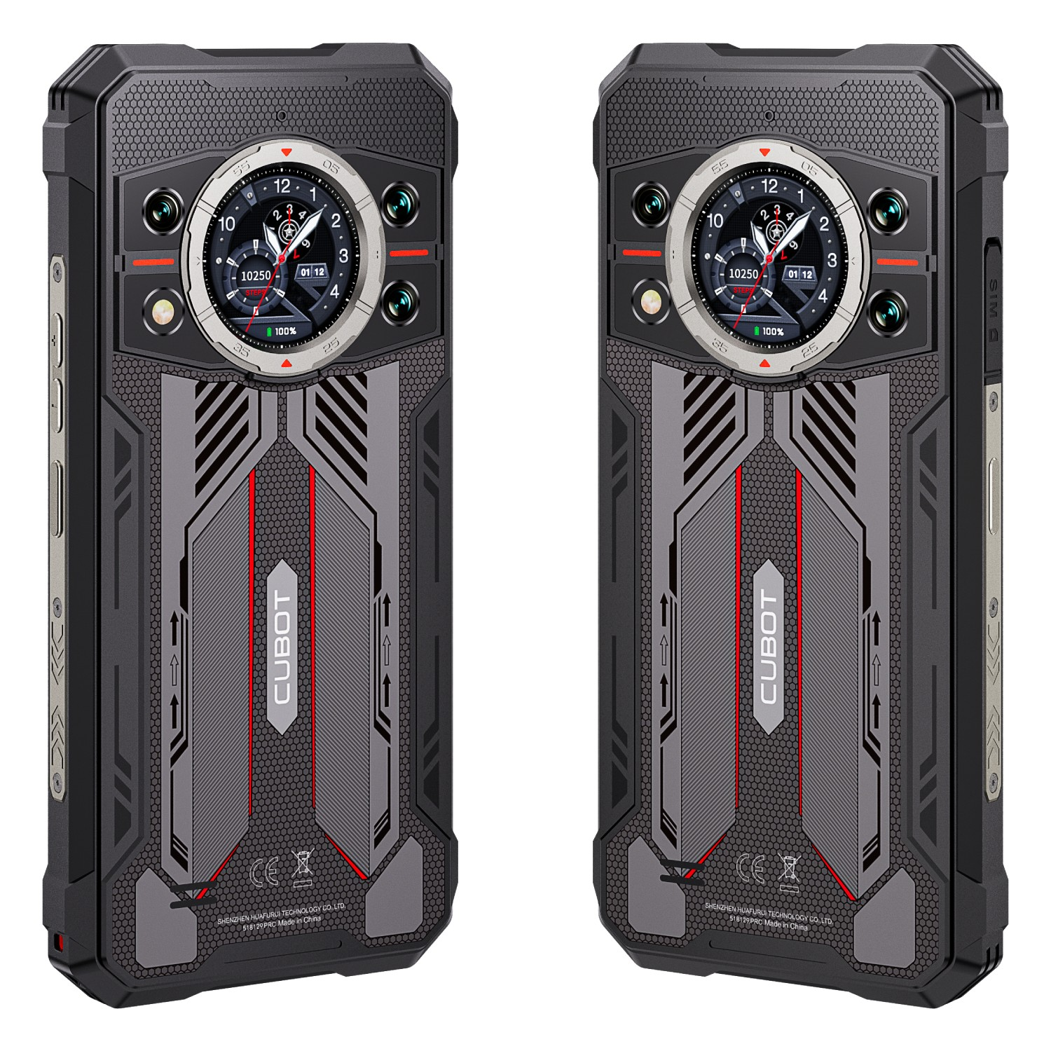 Dwa wytrzymałe smartfony obok siebie. Są czarne, szare i czerwone, z wyświetlaczem przypominającym zegar i marką 'CUBOT'.