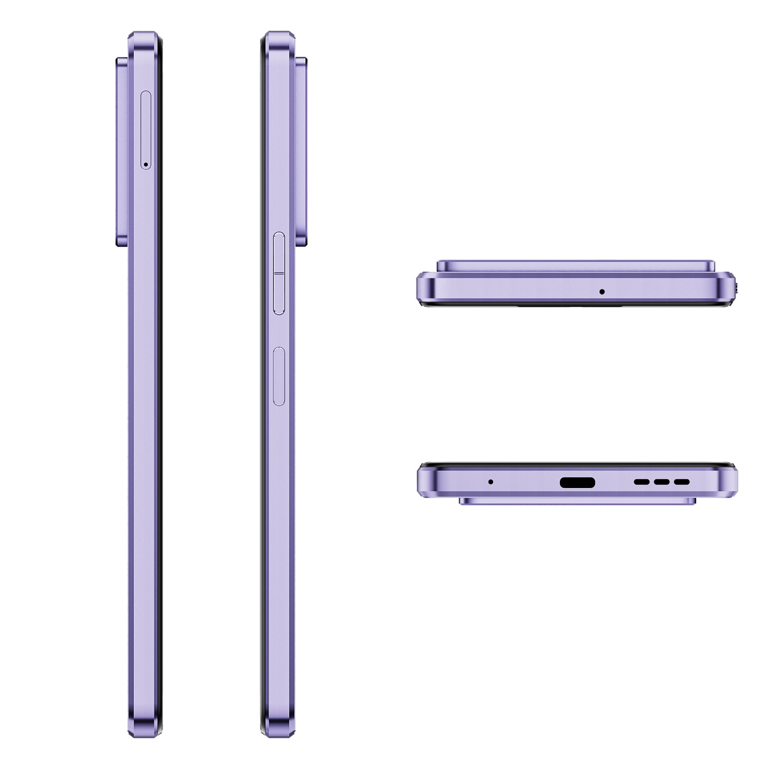 Fioletowy smartfon jest wyświetlany z boku i z góry. Przyciski zasilania i głośności są widoczne po bokach. Na górze i na dole widoczne są porty.
