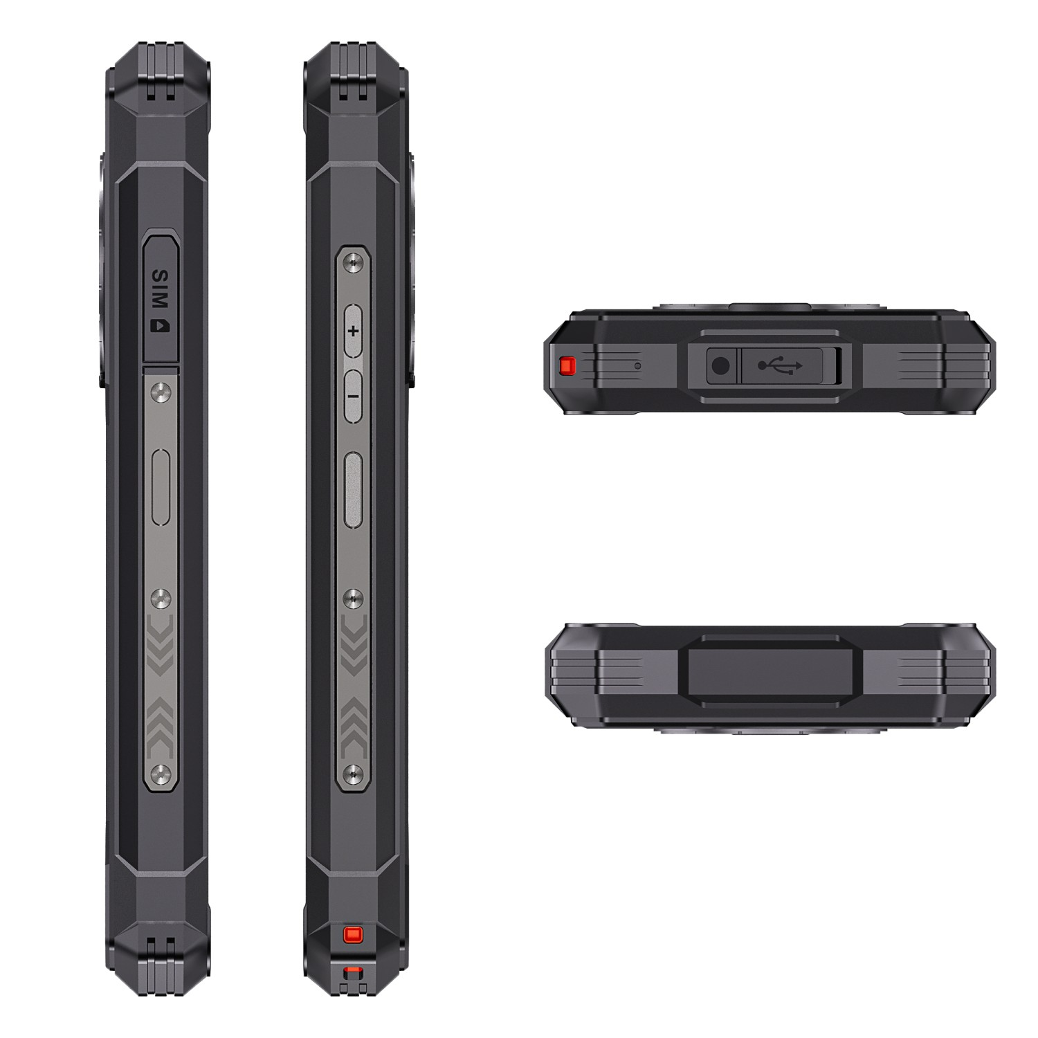 Wytrzymały smartfon. Pokazuje widoki z boku, góry i dołu. Widoczne gniazdo SIM, przyciski głośności i port USB.