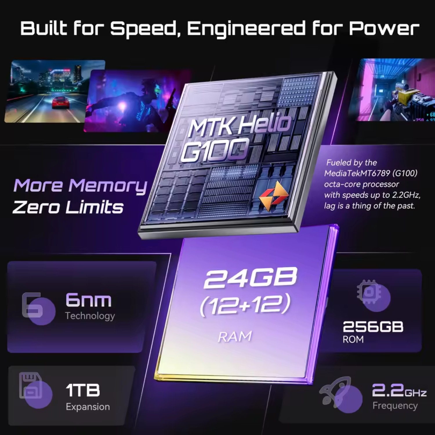 Reklama promująca procesor. Pokazuje procesor z takimi specyfikacjami jak 24 GB RAM, 256 GB ROM i częstotliwość 2,2 GHz.