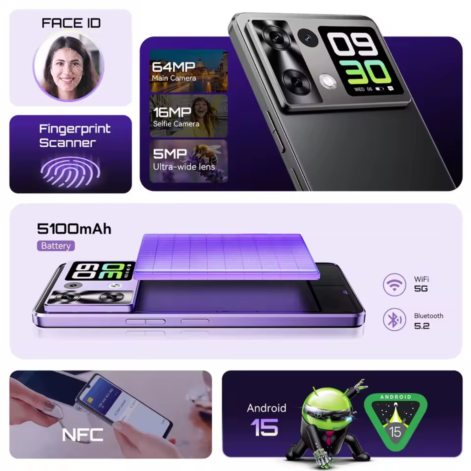 Características del smartphone: Face ID, escáner de huellas dactilares, cámaras, batería 5100mAh, NFC, Android 15, Wi-Fi, Bluetooth 5.2. Pantalla con fecha.