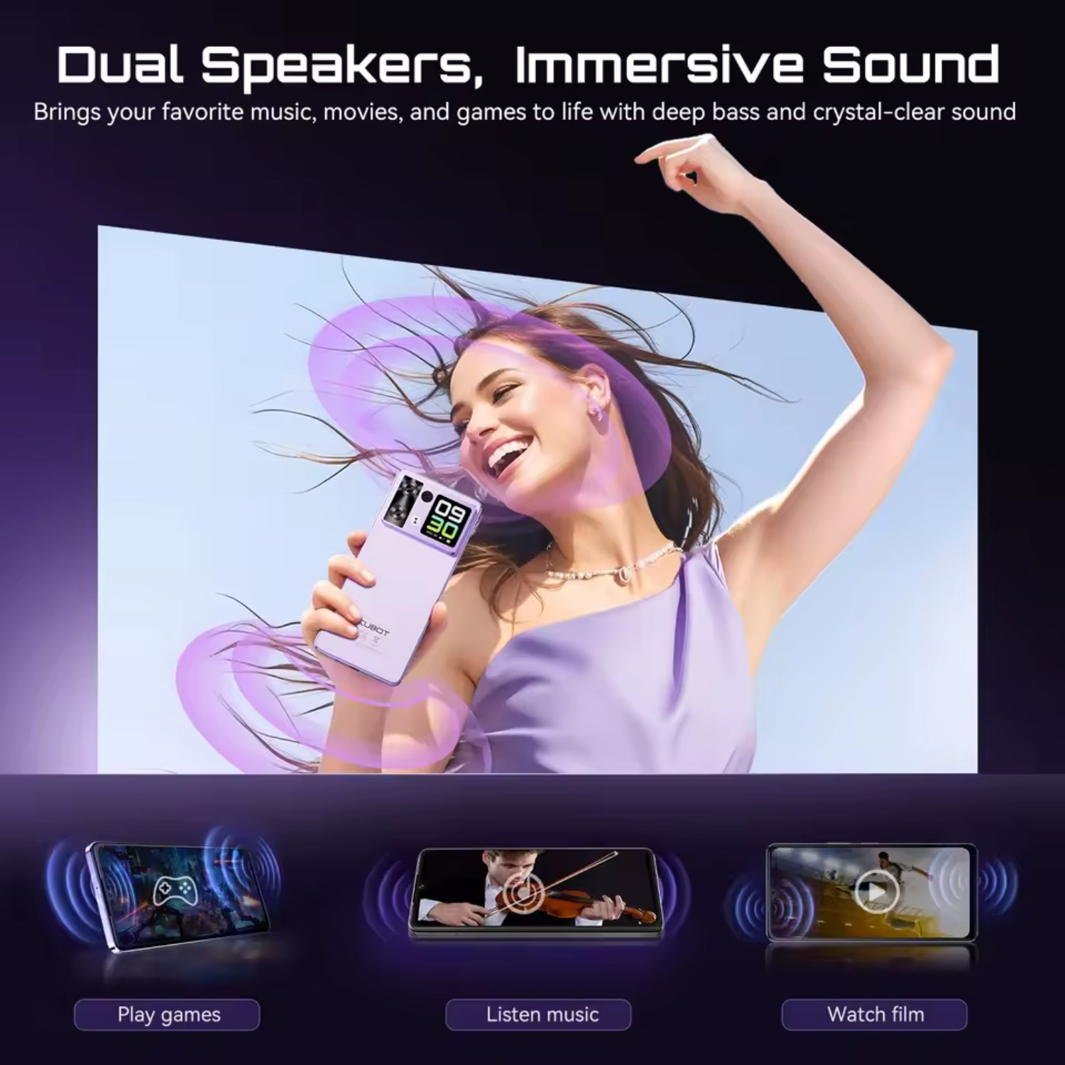 Kobieta trzymająca telefon z grafiką głośników. Telefony na dole pokazują grę, muzykę i film. Tekst brzmi Podwójne głośniki, wciągający dźwięk.