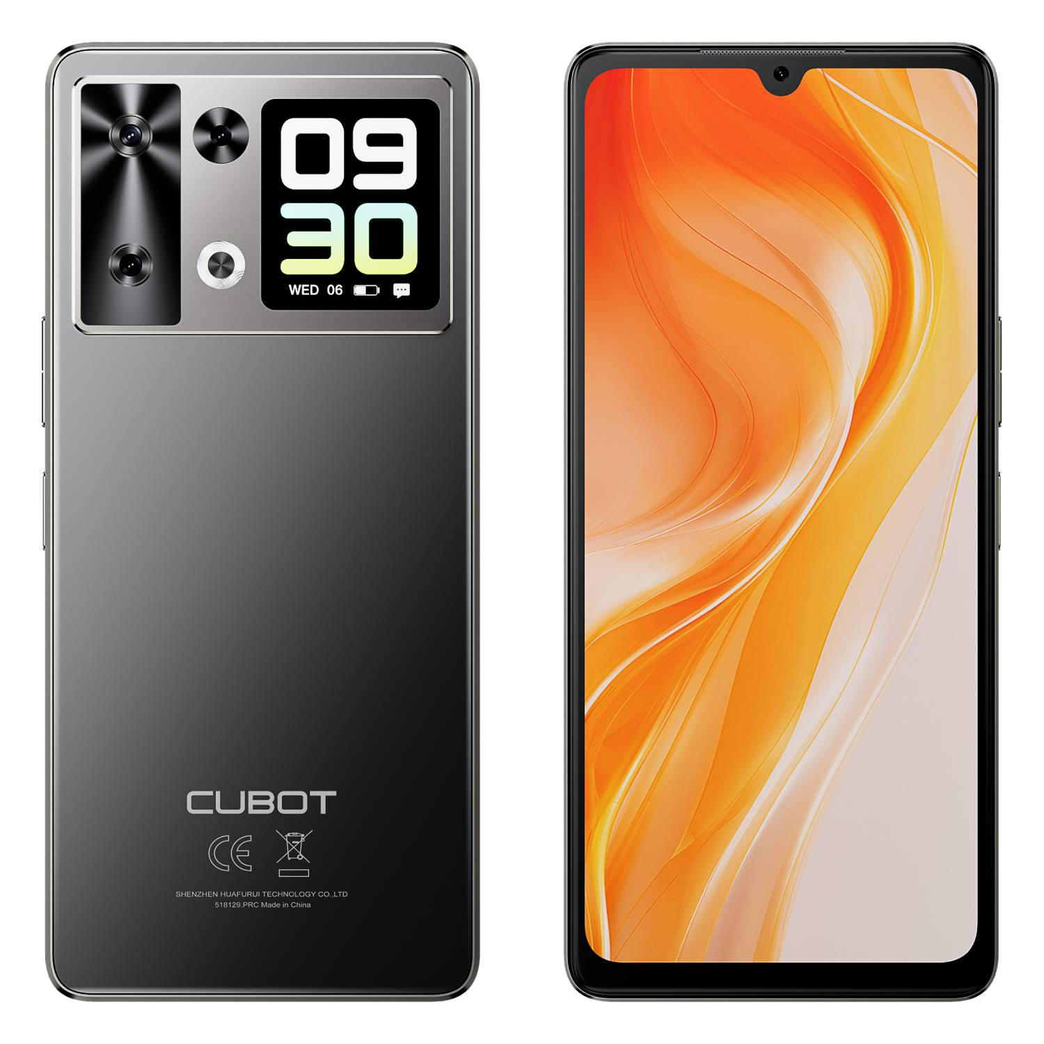 Smartfon z podwójnym aparatem i ekranem wyświetlającym godzinę i datę. Ekran pokazuje pomarańczowo-żółty abstrakcyjny design.