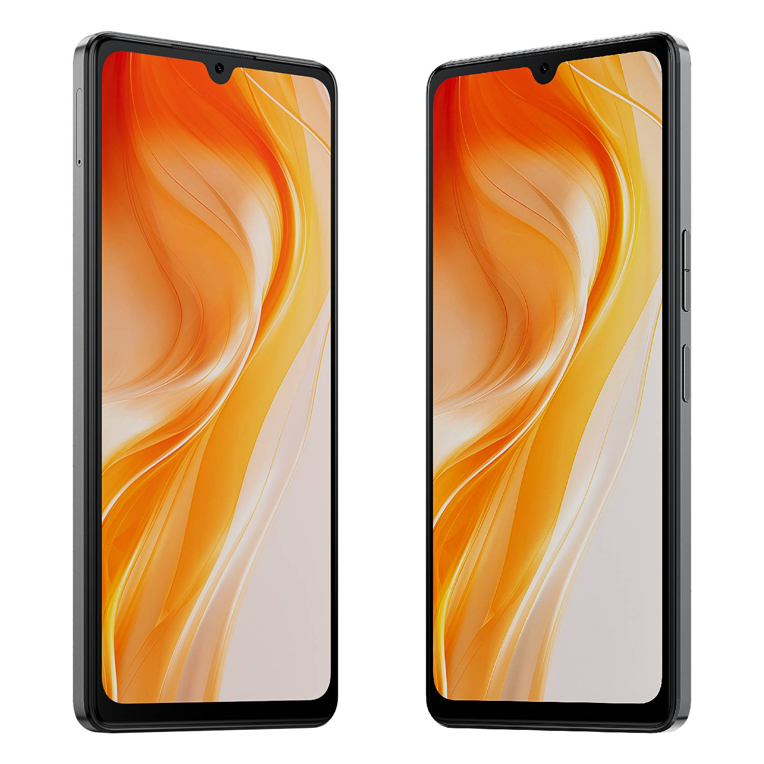 Dwa czarne smartfony lekko pod kątem. Ekrany wyświetlają pomarańczowe i białe abstrakcyjne wzory. Widoczne przyciski boczne i aparat. Białe tło.