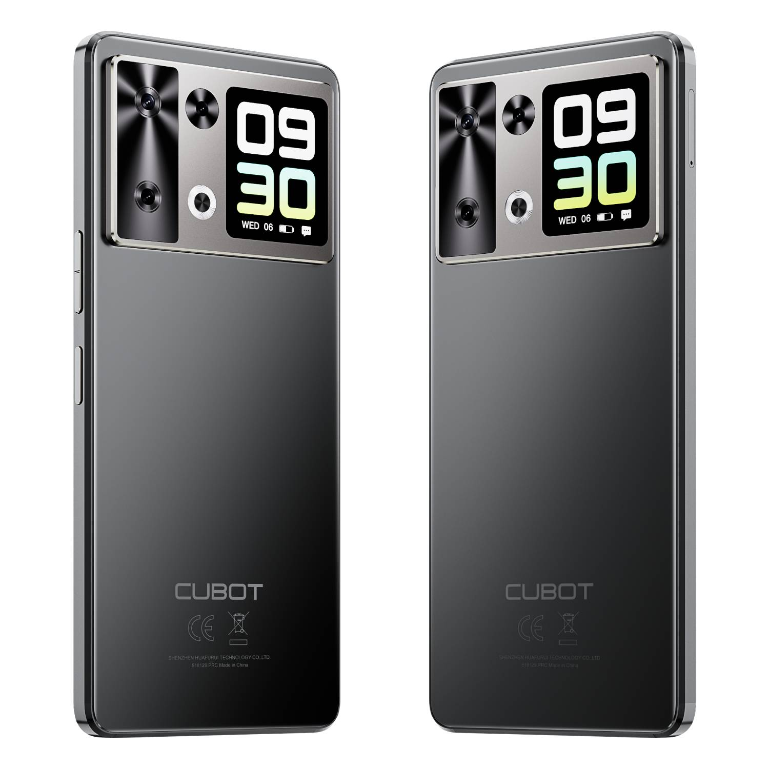 Dwa szare smartfony z aparatami, pokazujące godzinę 09:30. Marka to CUBOT.
