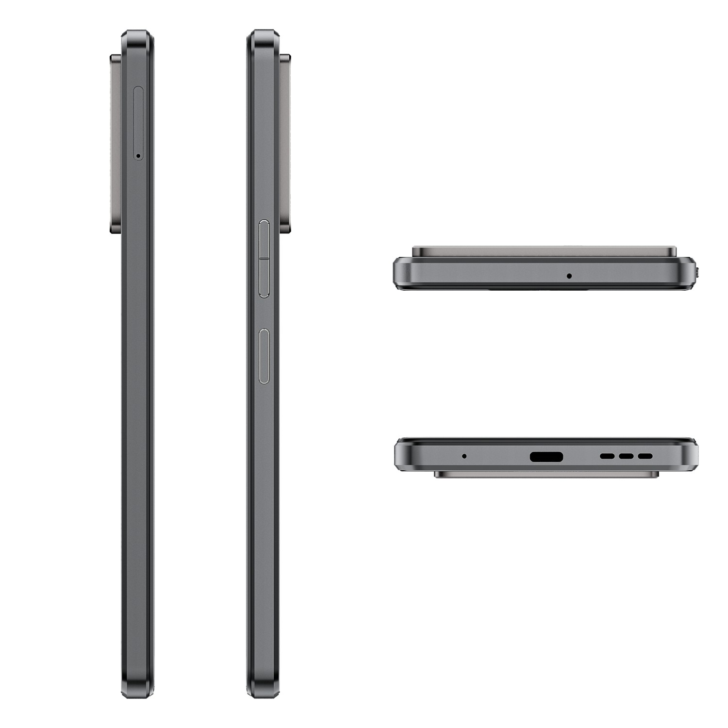 Szary smartfon z wielu perspektyw: boki z przyciskami i tacką SIM, widoki z góry i z dołu, na białym tle.