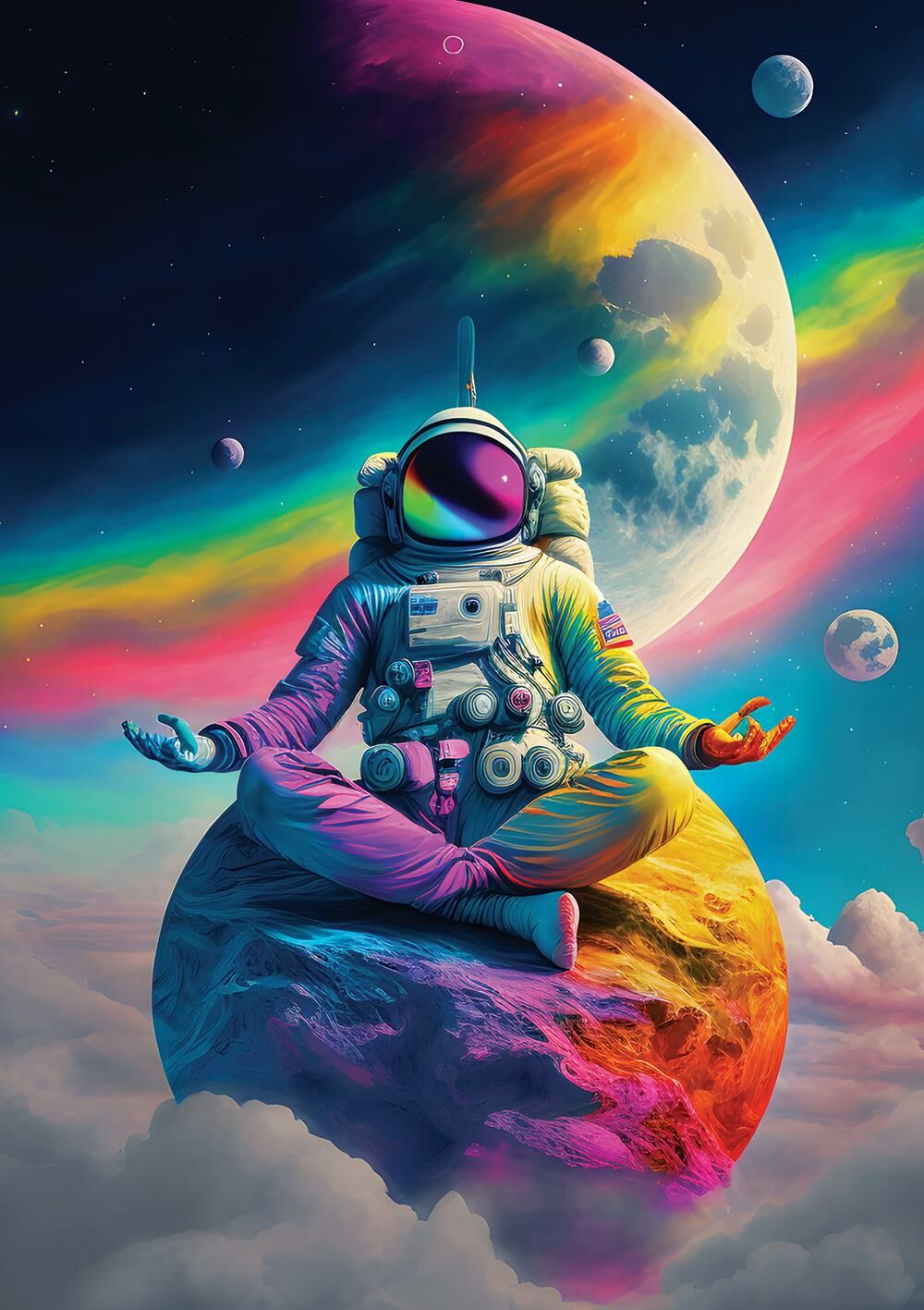 Renkli bir gezegende lotus pozisyonunda bir astronot. Arka planda gökkuşağı ve ay. Kozmik sahne.