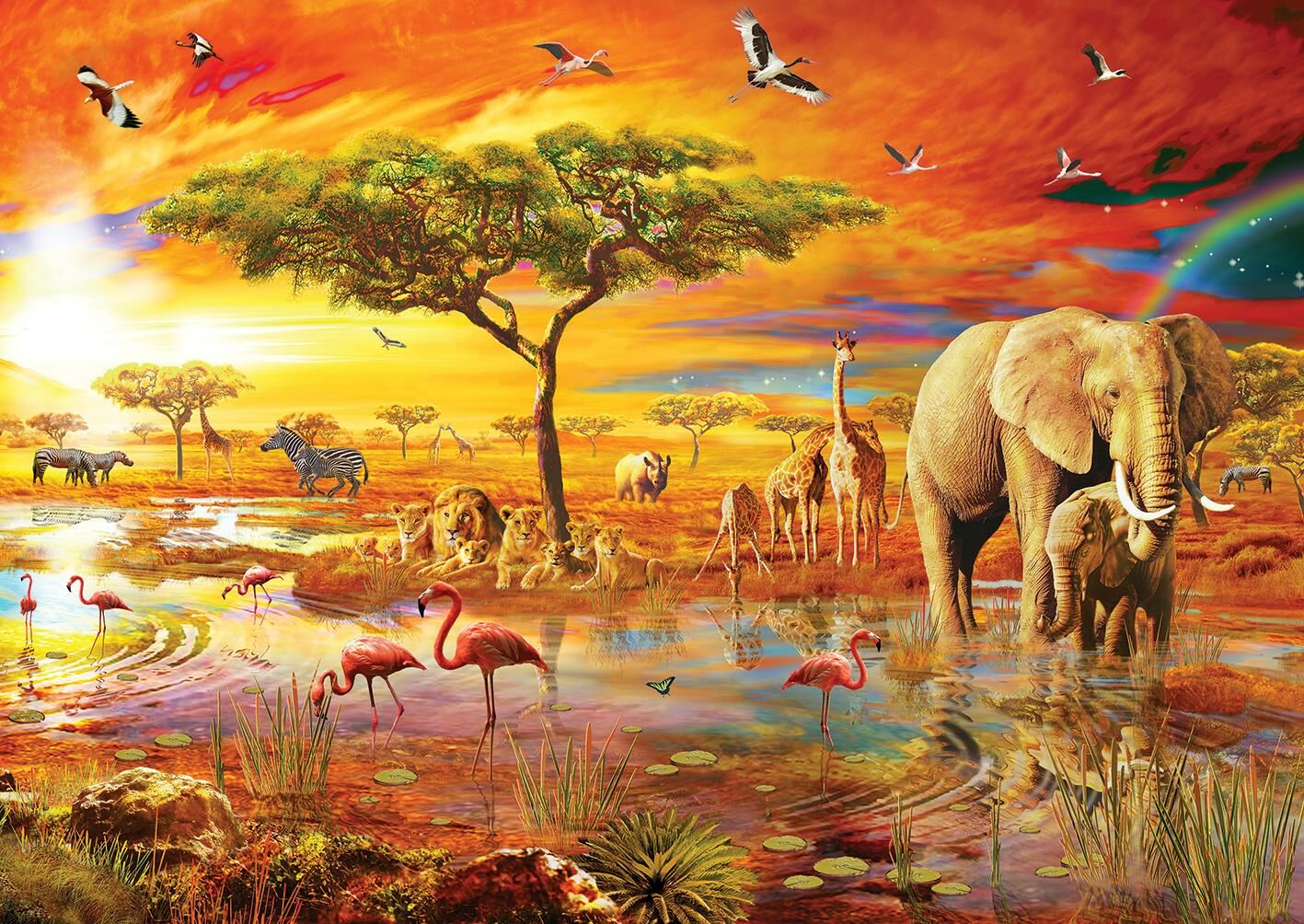 Renkli bir gökyüzü altında fil, zürafa, zebra, aslan, flamingo ve kuşların bulunduğu canlı bir savana sahnesi.
