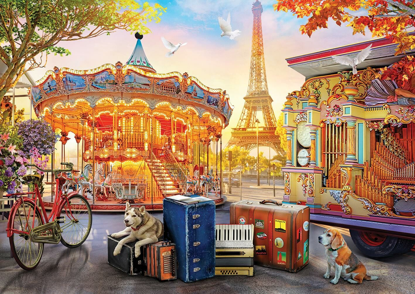 Atlıkarınca, Eyfel Kulesi, köpekler, bisiklet ve bagaj. Güvercinler uçuyor. Parlak renkler. Paris teması.