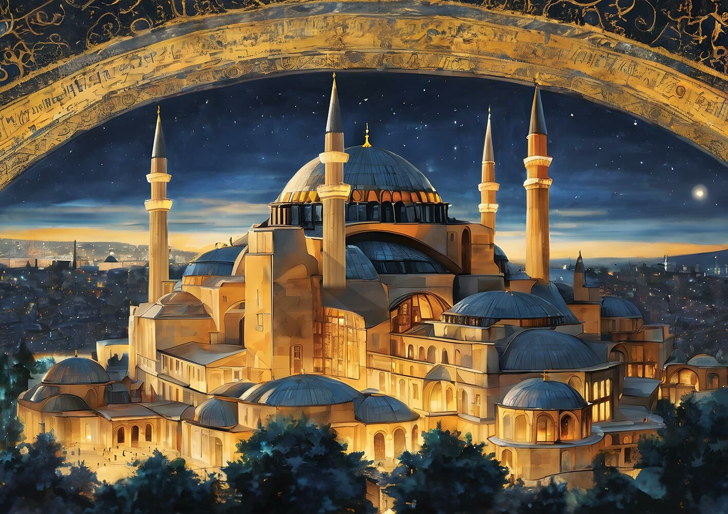 Çok sayıda kubbe ve minareli büyük bir caminin ayrıntılı illüstrasyonu. Arka planda yıldızlı bir gökyüzünün altında bir şehir görülüyor.