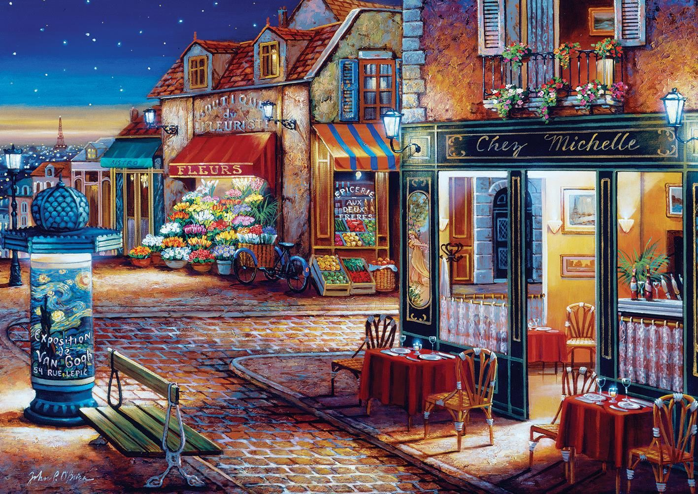 Dükkanlar, çiçekler ve bir kafeyle sokak manzarası. Bir afiş Van Gogh sergisini duyuruyor. Arka planda Eyfel Kulesi ile gece gökyüzü.