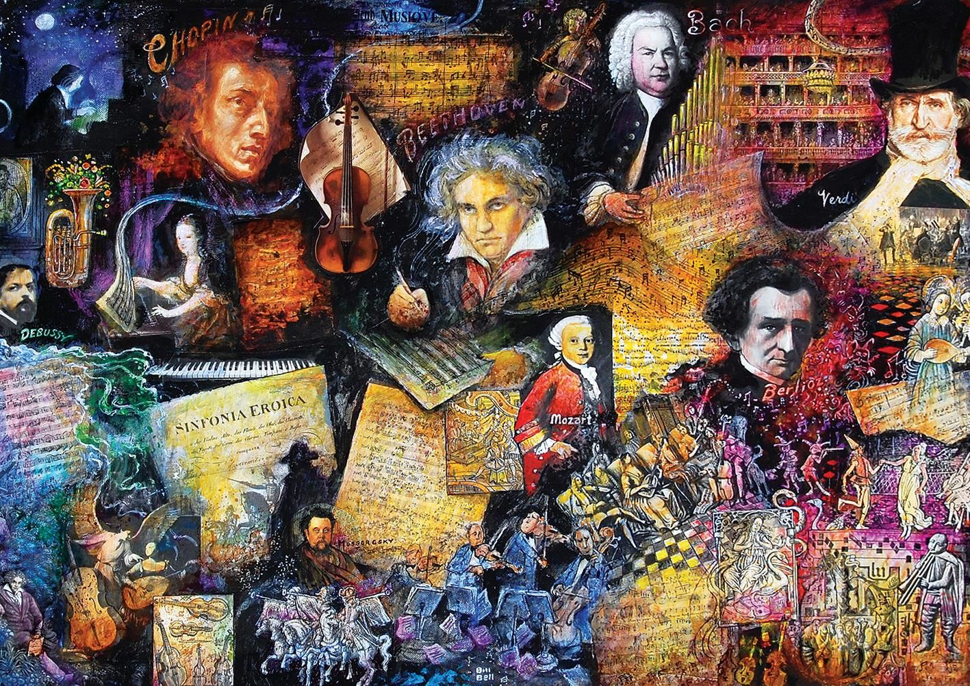 Chopin, Beethoven ve Mozart gibi bestecilerin, notalar ve müzik aletleriyle canlı, sanatsal bir kompozisyon oluşturduğu kolaj.