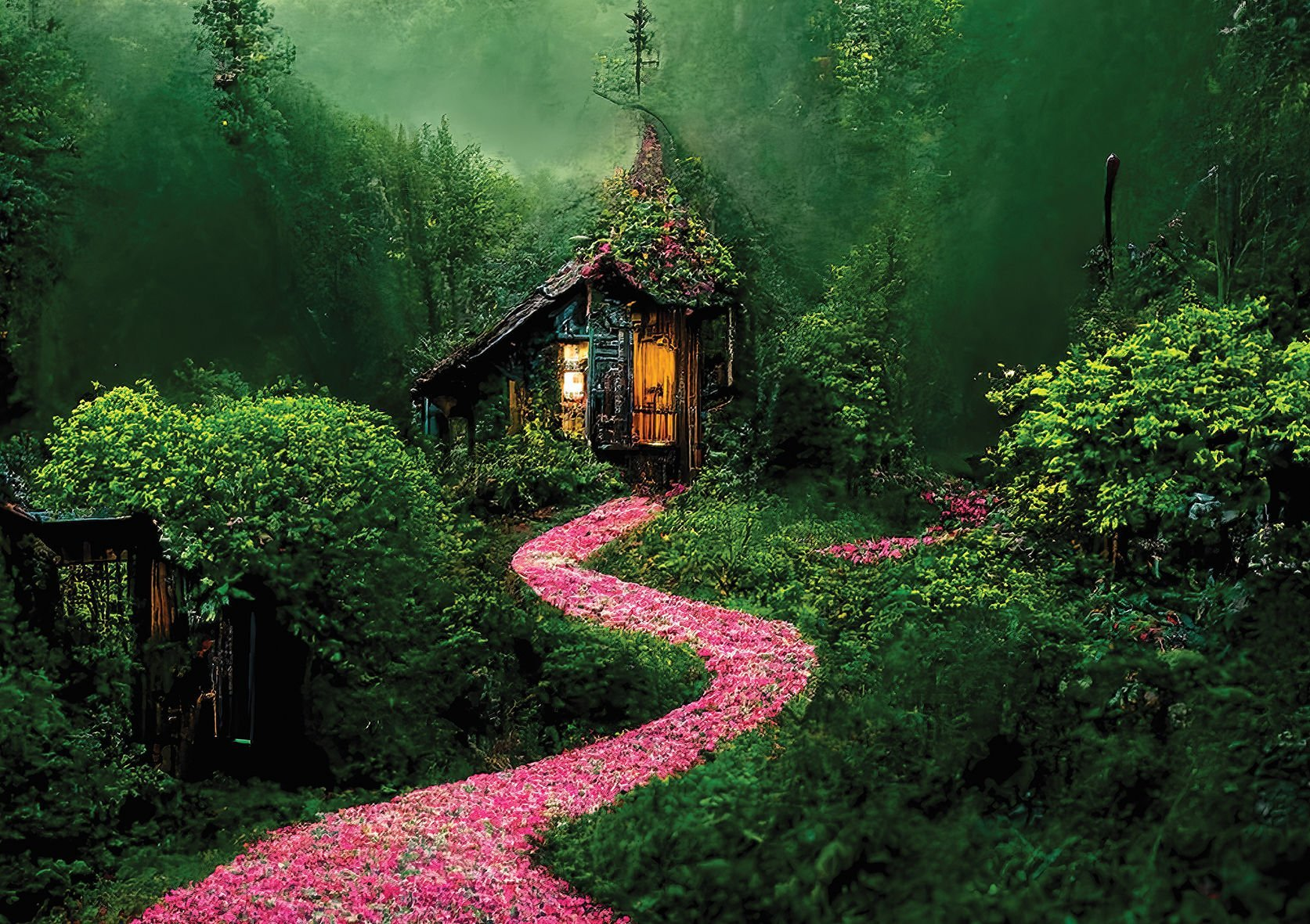 Una capanna in una foresta, un sentiero di fiori rosa conduce ad essa. Alberi verdi circondano la capanna. La porta della capanna è aperta, luce dall'interno.