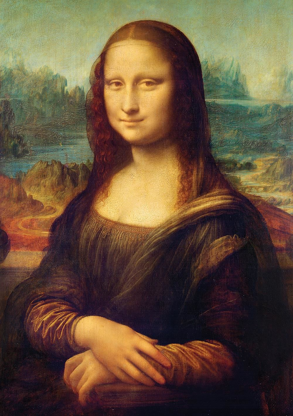 Mona Lisa portresi. Hafif bir gülümsemesi olan, koyu elbiseler giymiş bir kadın. Dağlar ve gölle manzara arka planı.